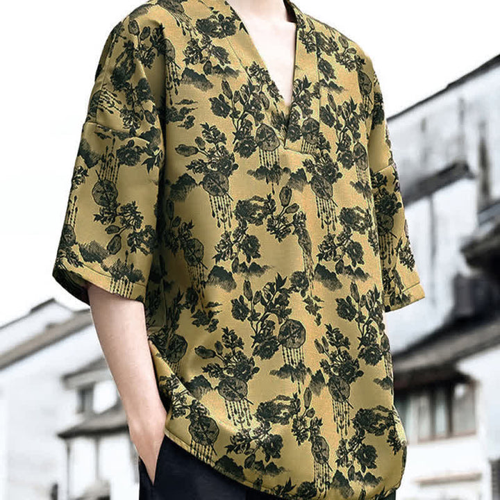 Buddha Stones Sommerliches, lässiges Tang-Style Herren-T-Shirt mit Blumenmuster und V-Ausschnitt, Kurzarm - image 16