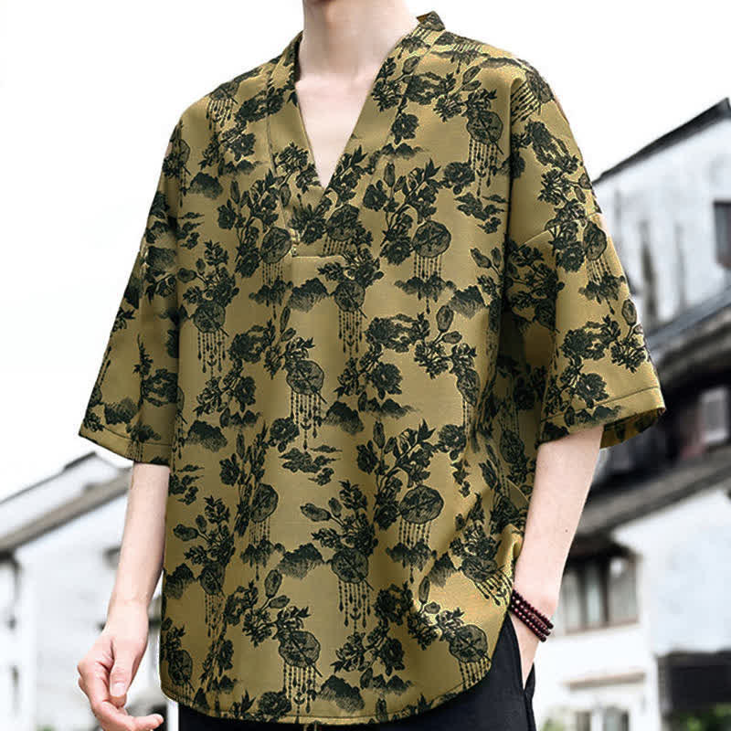 Buddha Stones Sommerliches, lässiges Tang-Style Herren-T-Shirt mit Blumenmuster und V-Ausschnitt, Kurzarm - image 14
