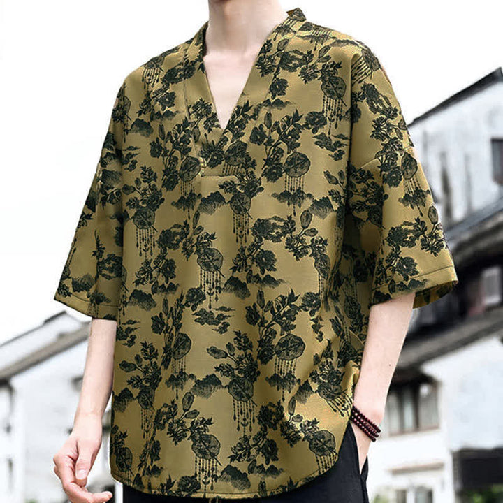 Buddha Stones Sommerliches, lässiges Tang-Style Herren-T-Shirt mit Blumenmuster und V-Ausschnitt, Kurzarm - image 14