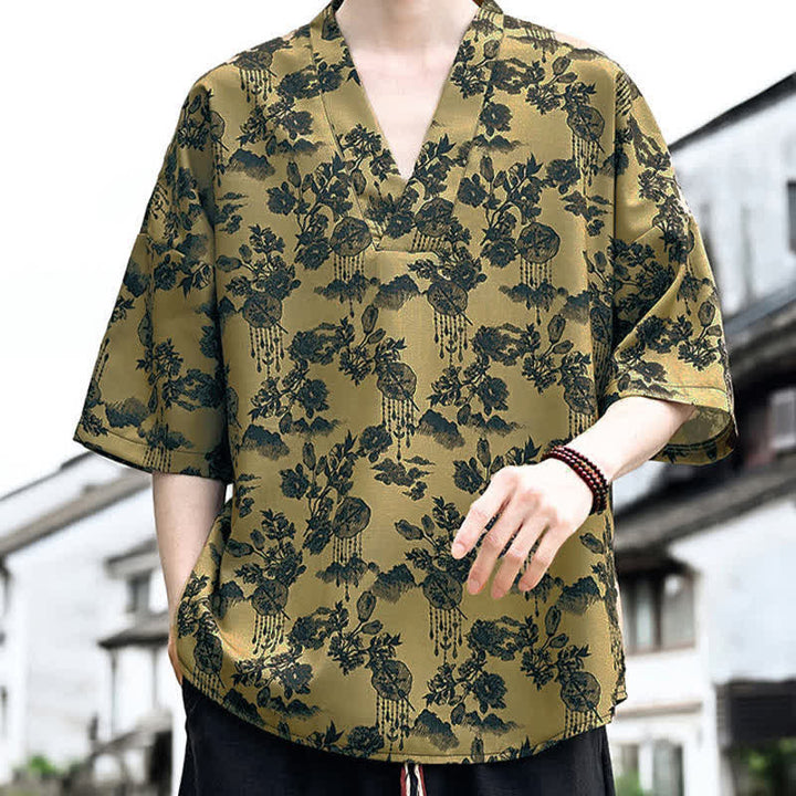 Buddha Stones Sommerliches, lässiges Tang-Style Herren-T-Shirt mit Blumenmuster und V-Ausschnitt, Kurzarm - image 12