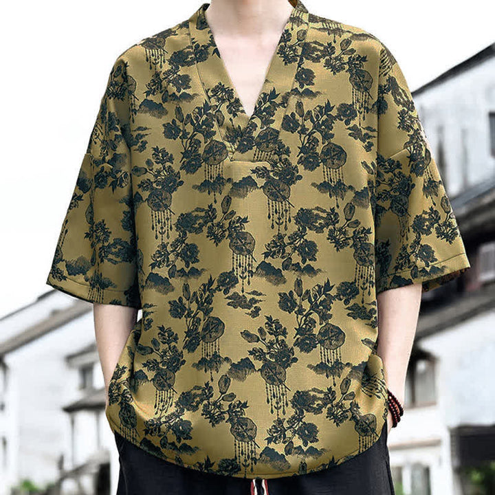 Buddha Stones Sommerliches, lässiges Tang-Style Herren-T-Shirt mit Blumenmuster und V-Ausschnitt, Kurzarm - image 15