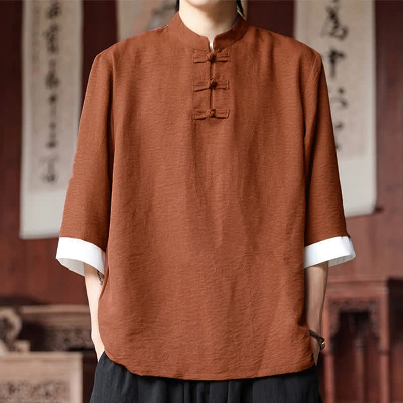 Buddha Stones Sommerliches Herrenhemd im Vintage-Stil mit Mandarin-Kragen, Froschknopf und Ellbogenlänge, Tang-Stil - Schokolade - US/UK/AU46, EU56 (5XL) - image 19