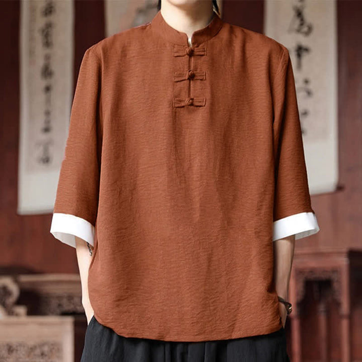 Buddha Stones Sommerliches Herrenhemd im Vintage-Stil mit Mandarin-Kragen, Froschknopf und Ellbogenlänge, Tang-Stil - Schokolade - US/UK/AU46, EU56 (5XL) - image 19