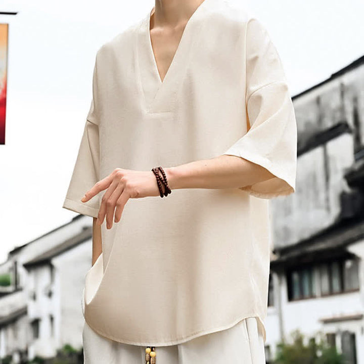 Buddha Stones Sommerliches minimalistisches, lässiges Kurzarm-T-Shirt für Herren mit Seitenschlitz - image 3