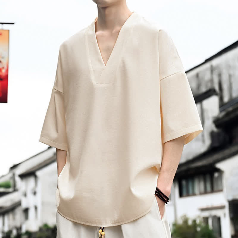 Buddha Stones Sommerliches minimalistisches, lässiges Kurzarm-T-Shirt für Herren mit Seitenschlitz - image 4