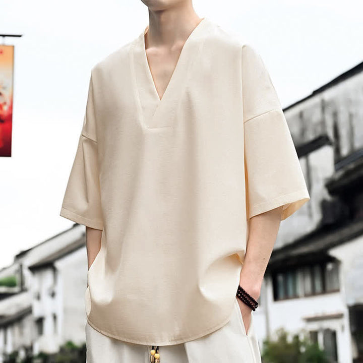 Buddha Stones Sommerliches minimalistisches, lässiges Kurzarm-T-Shirt für Herren mit Seitenschlitz - image 4