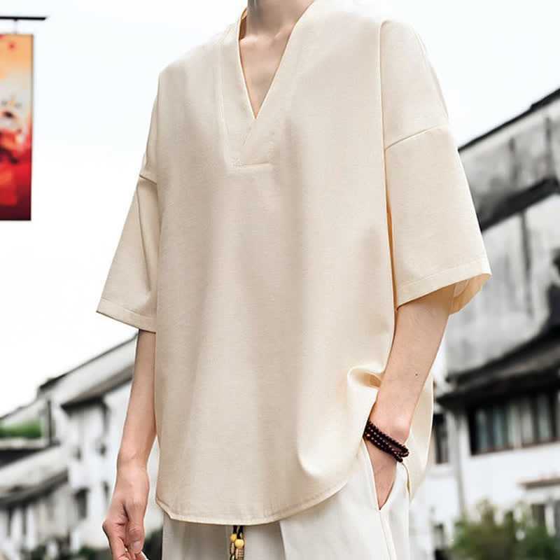 Buddha Stones Sommerliches minimalistisches, lässiges Kurzarm-T-Shirt für Herren mit Seitenschlitz - Beige - US/UK/AU46, EU56 (5XL) - image 0
