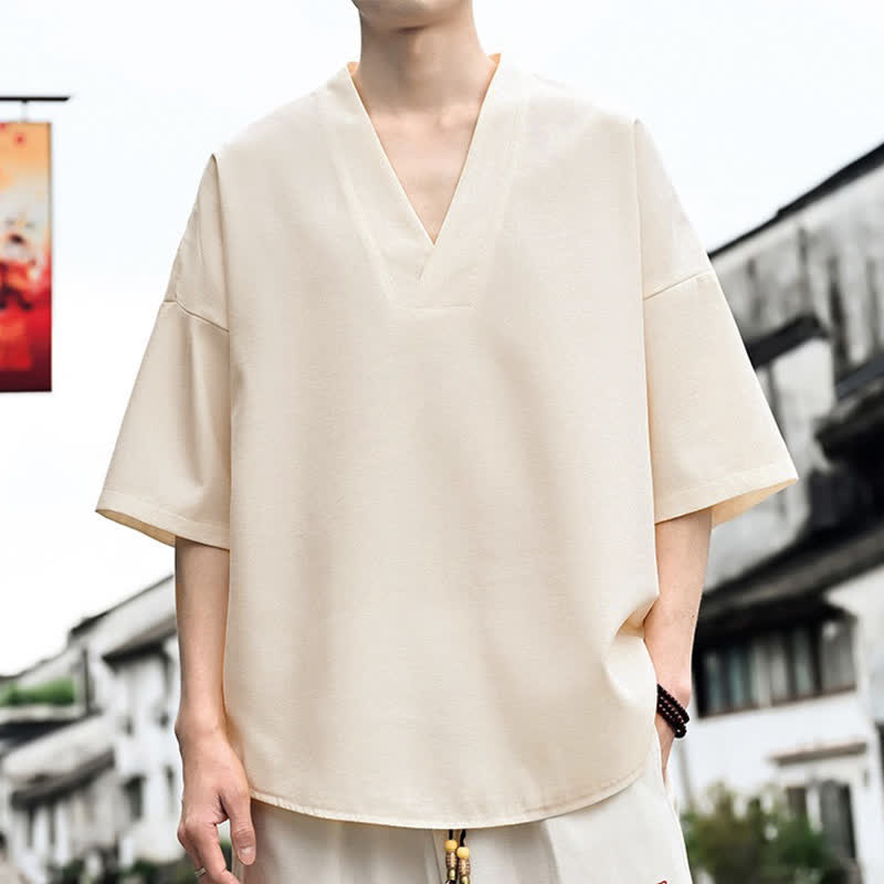 Buddha Stones Sommerliches minimalistisches, lässiges Kurzarm-T-Shirt für Herren mit Seitenschlitz - image 1