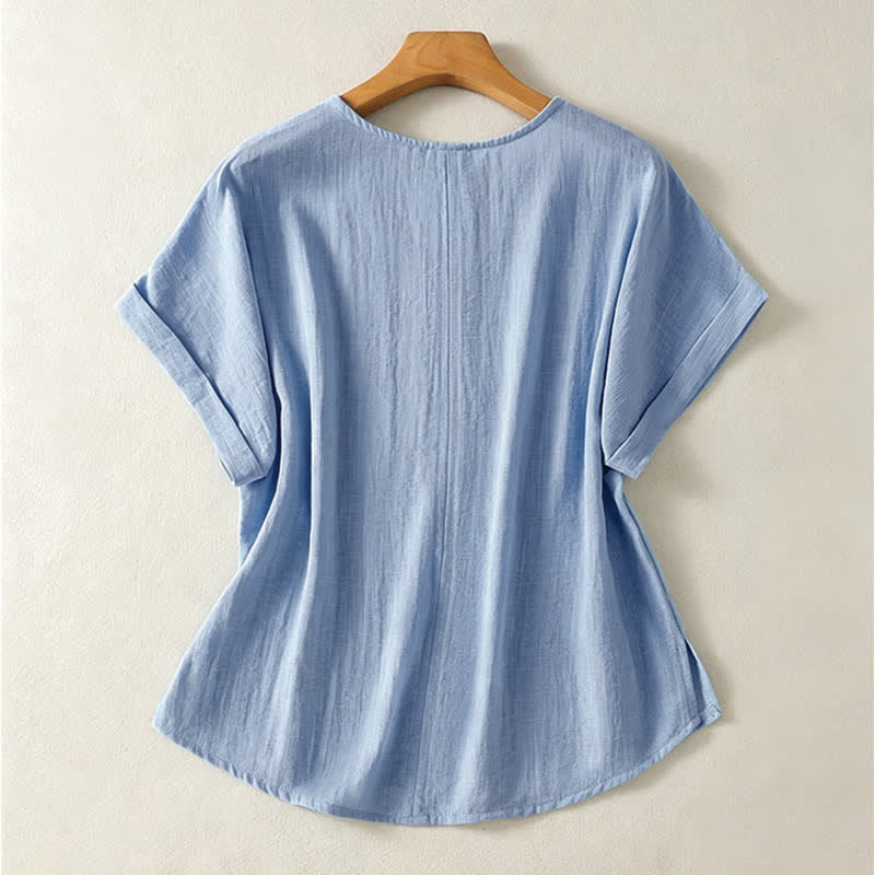 Buddha Stones Lässiges, minimalistisches Kurzarm-T-Shirt für Damen mit V-Ausschnitt aus dem Sommer - image 1