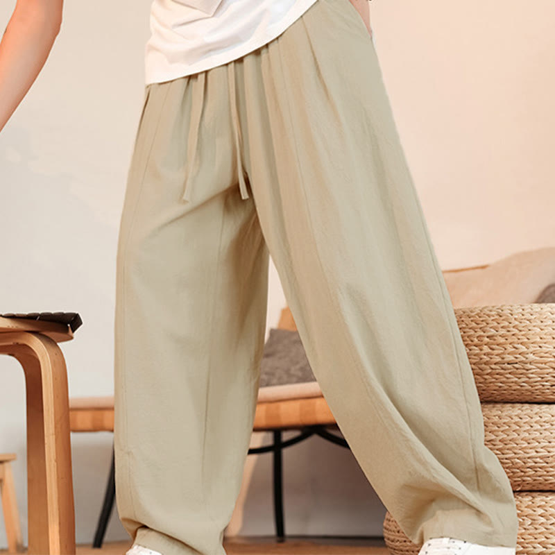 Buddha Stones Lässige, minimalistische Sommer-Herrenhose aus einfarbigem Baumwollstoff mit Kordelzug, geradem Bein und Tasche - image 12