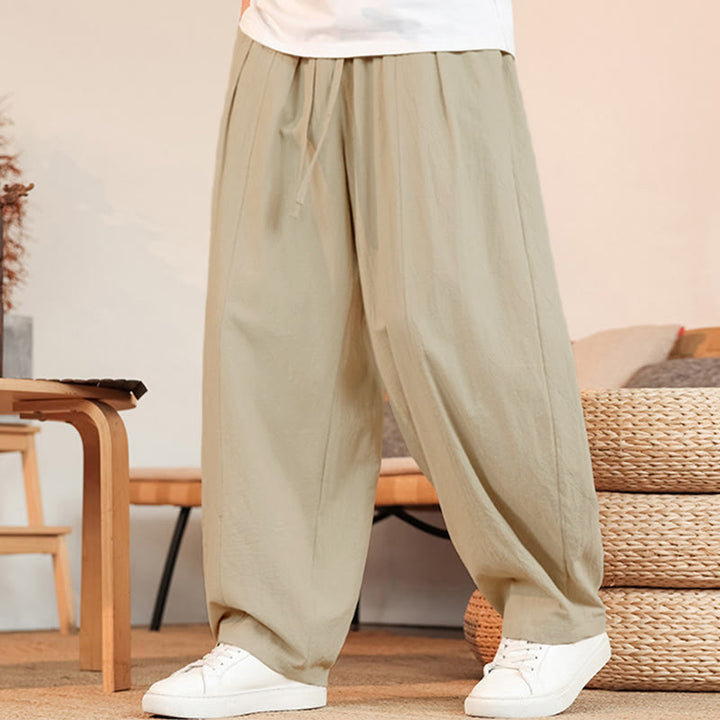 Buddha Stones Lässige, minimalistische Sommer-Herrenhose aus einfarbigem Baumwollstoff mit Kordelzug, geradem Bein und Tasche - image 10