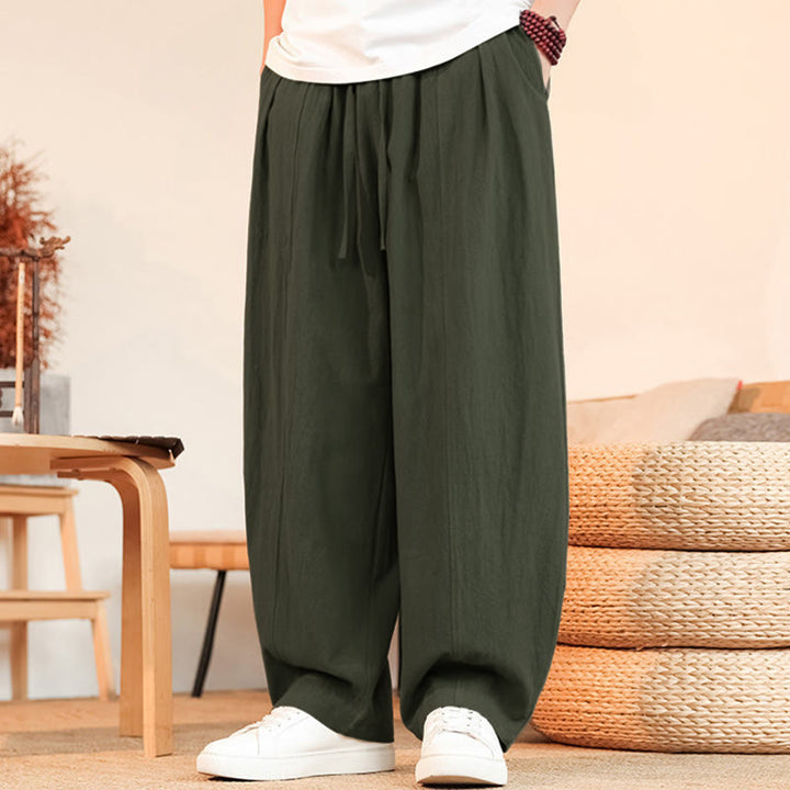 Buddha Stones Lässige, minimalistische Sommer-Herrenhose aus einfarbigem Baumwollstoff mit Kordelzug, geradem Bein und Tasche - Dunkelolivgrün - US/UK/AU46, EU56 (5XL) - image 6
