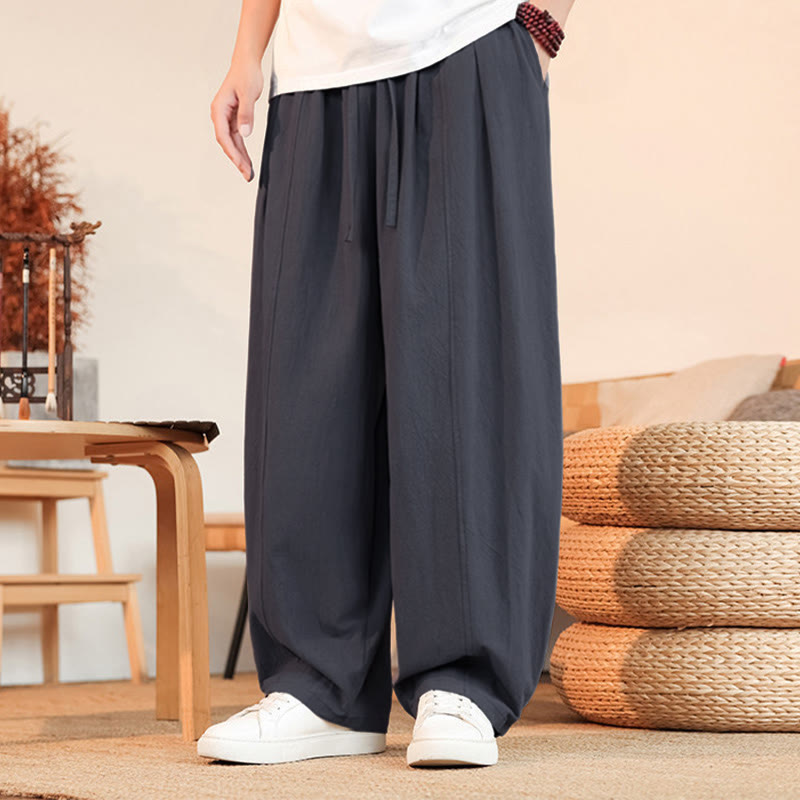 Buddha Stones Lässige, minimalistische Sommer-Herrenhose aus einfarbigem Baumwollstoff mit Kordelzug, geradem Bein und Tasche - Grau - US/UK/AU46, EU56 (5XL) - image 0