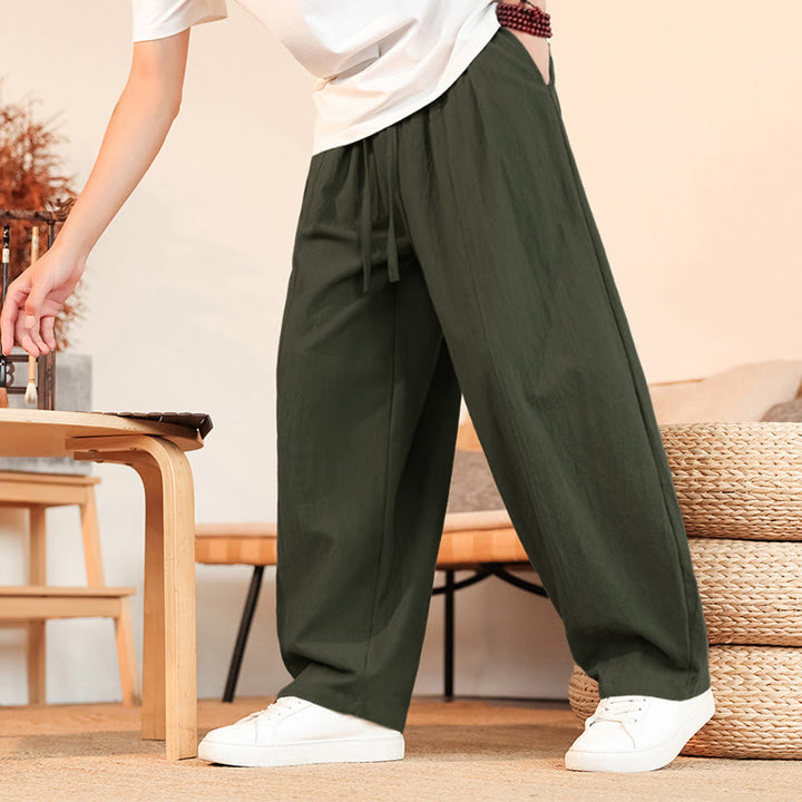 Buddha Stones Lässige, minimalistische Sommer-Herrenhose aus einfarbigem Baumwollstoff mit Kordelzug, geradem Bein und Tasche - image 7