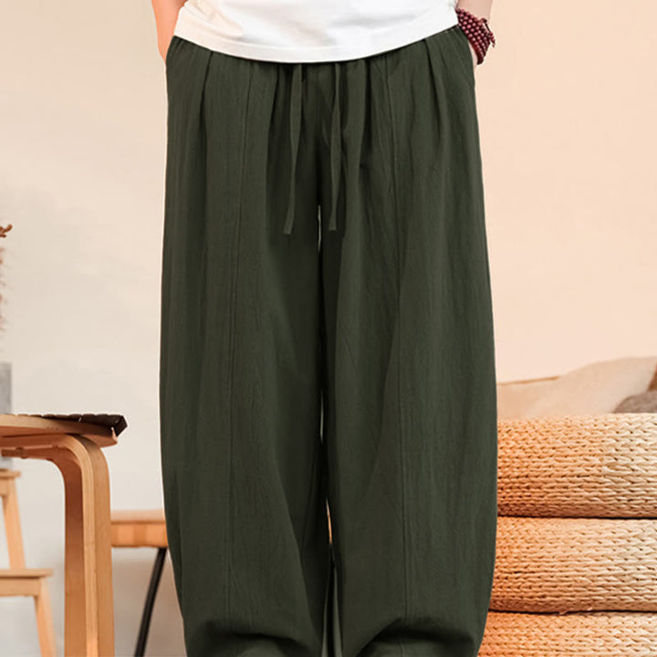 Buddha Stones Lässige, minimalistische Sommer-Herrenhose aus einfarbigem Baumwollstoff mit Kordelzug, geradem Bein und Tasche - image 8