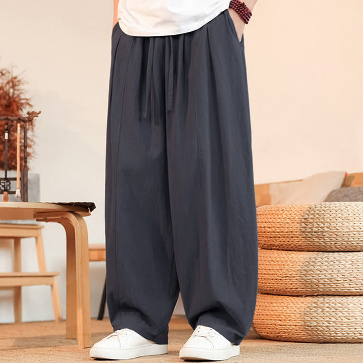 Buddha Stones Lässige, minimalistische Sommer-Herrenhose aus einfarbigem Baumwollstoff mit Kordelzug, geradem Bein und Tasche - image 1