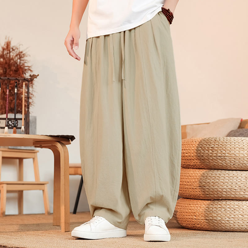 Buddha Stones Lässige, minimalistische Sommer-Herrenhose aus einfarbigem Baumwollstoff mit Kordelzug, geradem Bein und Tasche - Beige - US/UK/AU46, EU56 (5XL) - image 9