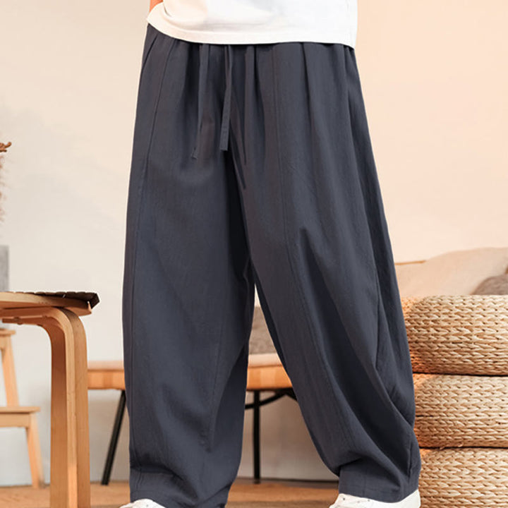 Buddha Stones Lässige, minimalistische Sommer-Herrenhose aus einfarbigem Baumwollstoff mit Kordelzug, geradem Bein und Tasche - image 2