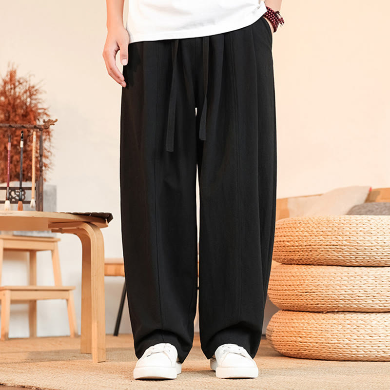 Buddha Stones Lässige, minimalistische Sommer-Herrenhose aus einfarbigem Baumwollstoff mit Kordelzug, geradem Bein und Tasche - Schwarz - US/UK/AU46, EU56 (5XL) - image 3