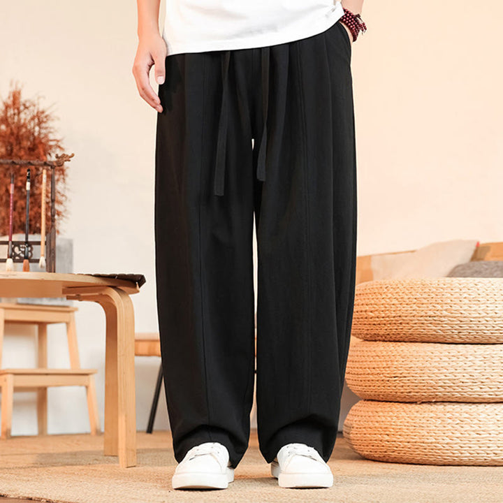 Buddha Stones Lässige, minimalistische Sommer-Herrenhose aus einfarbigem Baumwollstoff mit Kordelzug, geradem Bein und Tasche - Schwarz - US/UK/AU46, EU56 (5XL) - image 3