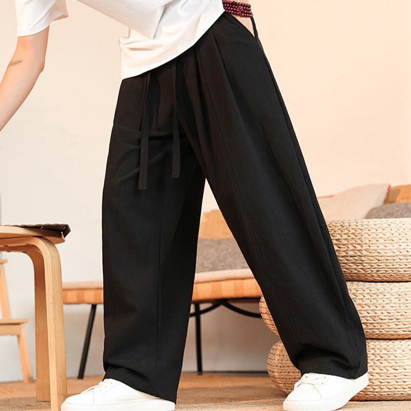 Buddha Stones Lässige, minimalistische Sommer-Herrenhose aus einfarbigem Baumwollstoff mit Kordelzug, geradem Bein und Tasche - image 5