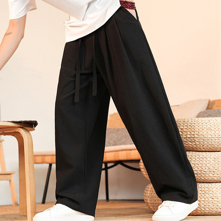 Buddha Stones Lässige, minimalistische Sommer-Herrenhose aus einfarbigem Baumwollstoff mit Kordelzug, geradem Bein und Tasche - image 5