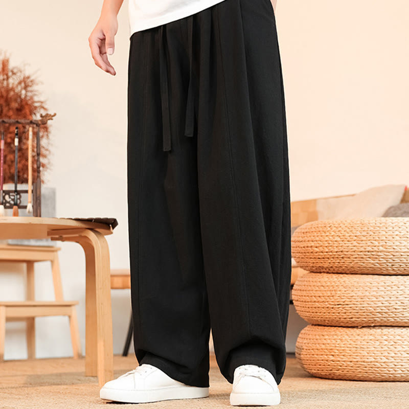 Buddha Stones Lässige, minimalistische Sommer-Herrenhose aus einfarbigem Baumwollstoff mit Kordelzug, geradem Bein und Tasche - image 4