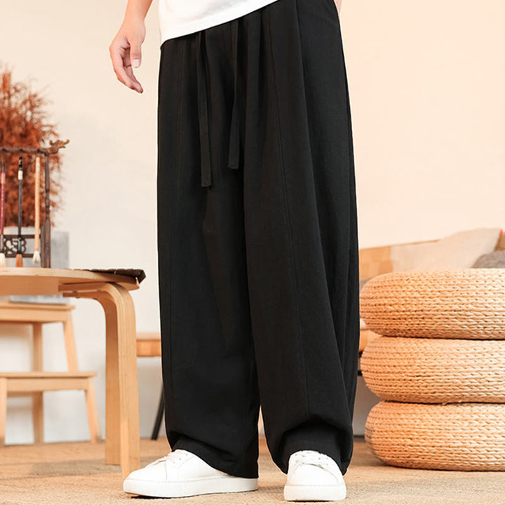 Buddha Stones Lässige, minimalistische Sommer-Herrenhose aus einfarbigem Baumwollstoff mit Kordelzug, geradem Bein und Tasche - image 4