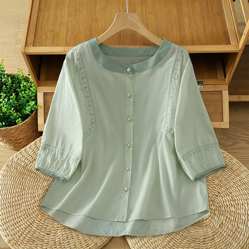 Buddha Stones Lässiges, sommerliches Vintage-Hemd mit Knopfleiste, Ziernähten und kurzen Ärmeln für Damen. - Hellgrün - US8-10, UK/AU12-14, EU40-42 (2XL) - image 10