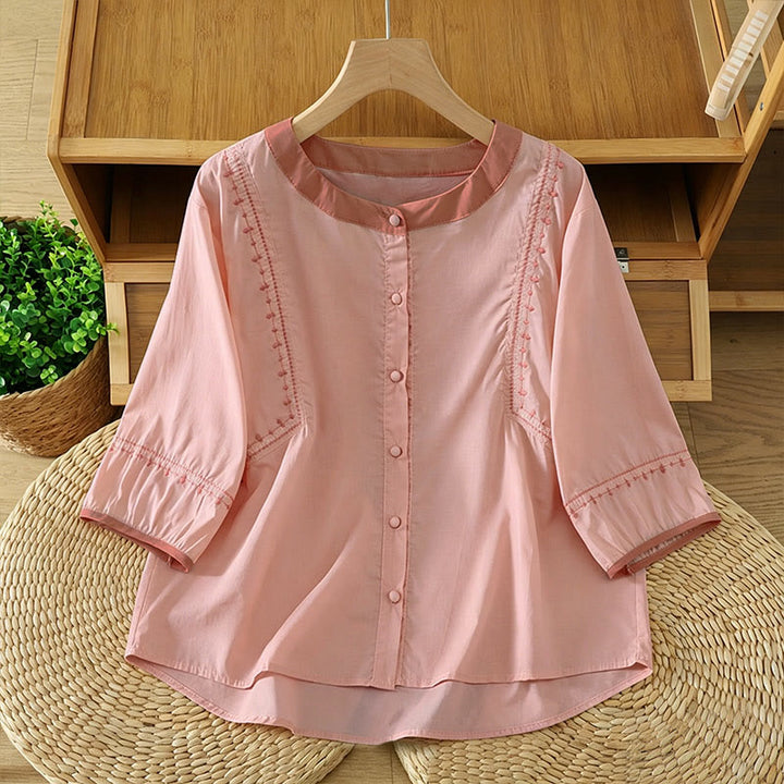 Buddha Stones Lässiges, sommerliches Vintage-Hemd mit Knopfleiste, Ziernähten und kurzen Ärmeln für Damen. - Hellrosa - US8-10, UK/AU12-14, EU40-42 (2XL) - image 0