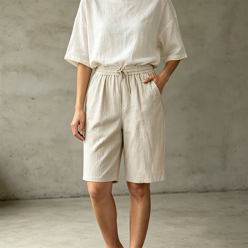 Buddha Stones Sommer-Freizeit-Bermuda-Shorts mit Kordelzug, einfarbig, Damen-Gerade-Bein-Hose mit Taschen - image 2