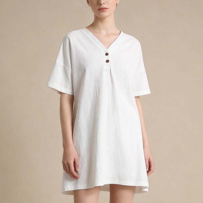Buddha Stones Sommerliches, lässiges, minimalistisches, einfarbiges Kurzarmkleid mit Knopfleiste für Damen - image 2