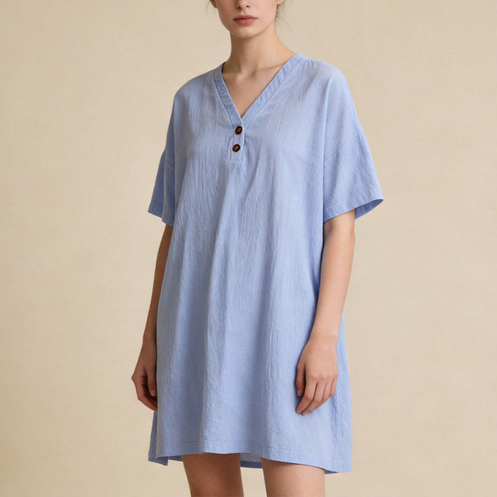 Buddha Stones Sommerliches, lässiges, minimalistisches, einfarbiges Kurzarmkleid mit Knopfleiste für Damen - image 16