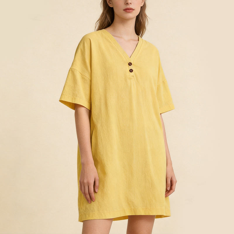 Buddha Stones Sommerliches, lässiges, minimalistisches, einfarbiges Kurzarmkleid mit Knopfleiste für Damen - image 9