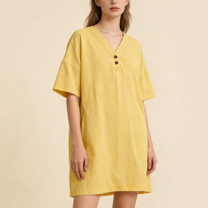 Buddha Stones Sommerliches, lässiges, minimalistisches, einfarbiges Kurzarmkleid mit Knopfleiste für Damen - image 9