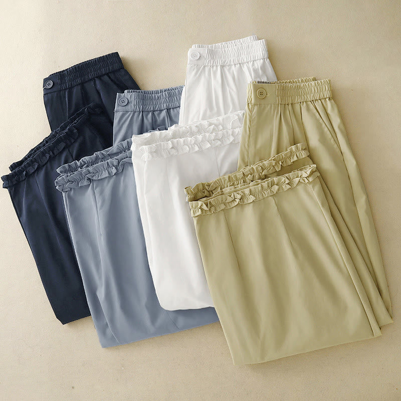 Buddha Stones Lässige, elegante Sommerhose mit Knopfleiste, Reißverschluss, Rüschensaum und Tasche - image 24