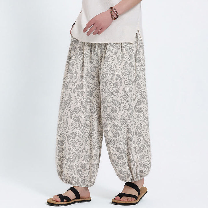 Buddha Stones Sommerliche Boho-Caprihose mit Kordelzug und Paisley-Muster, Herren-Haremshose mit Tasche - Weiß - US/UK/AU46, EU56 (5XL) - image 21