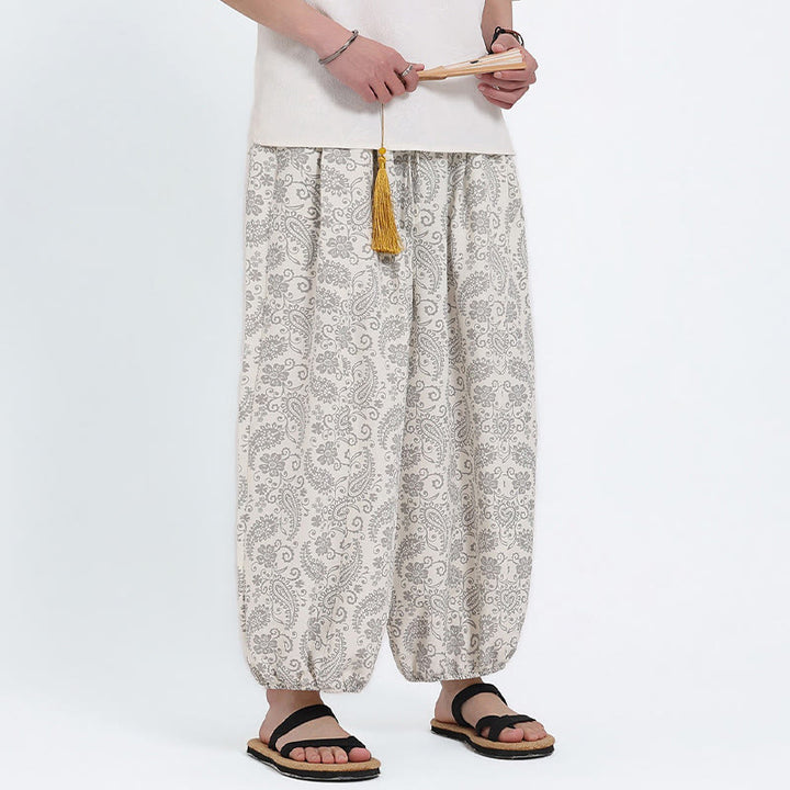 Buddha Stones Sommerliche Boho-Caprihose mit Kordelzug und Paisley-Muster, Herren-Haremshose mit Tasche - image 25