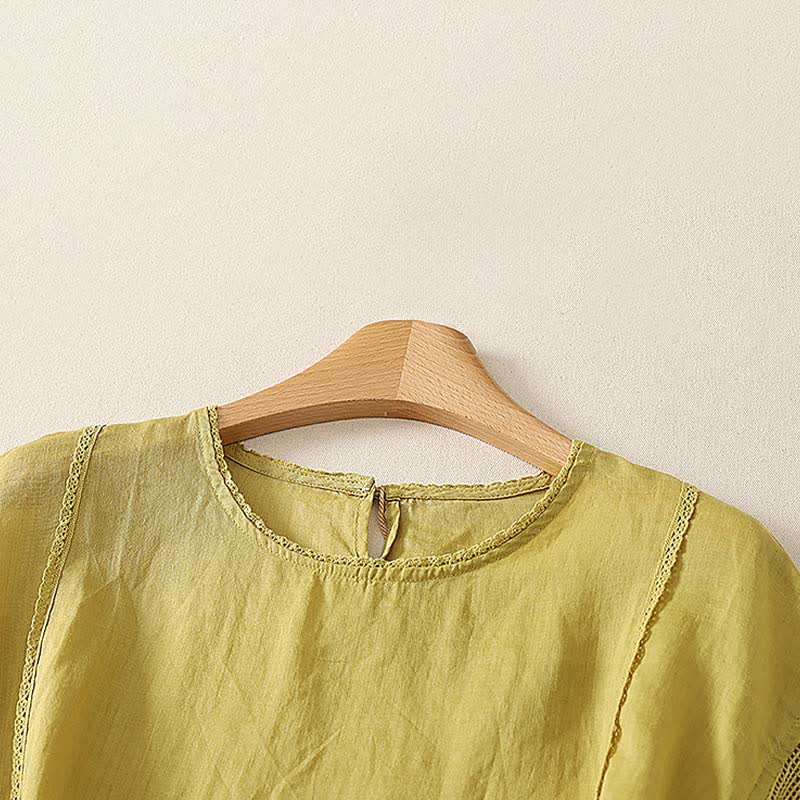Buddha Stones Sommerliches, lässiges, schlichtes Kurzarm-T-Shirt aus einfarbigem Ramie-Gewebe für Damen mit Kordelzug und elastischem Saum - image 10