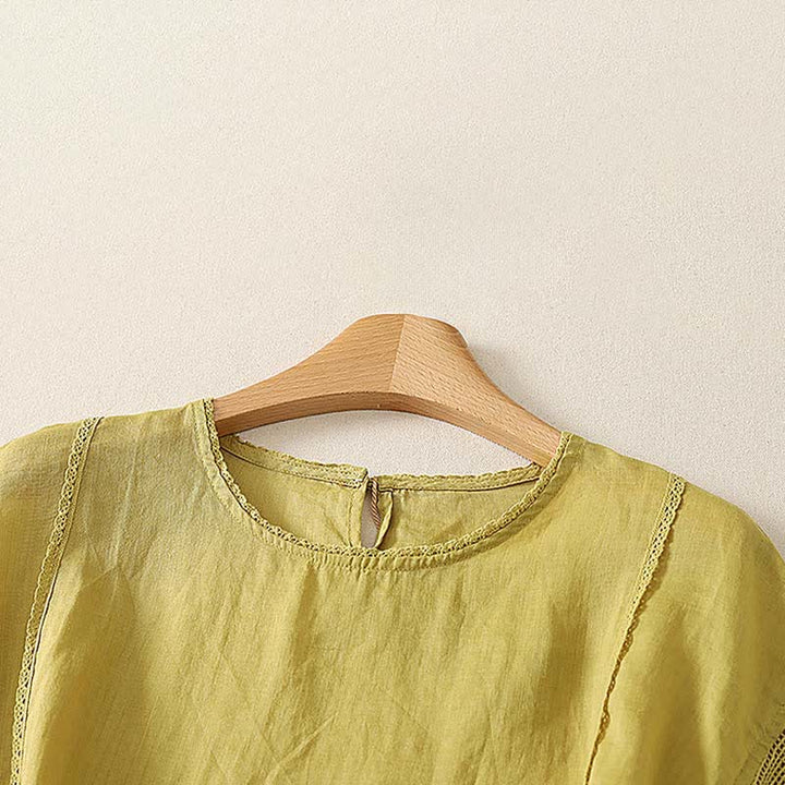 Buddha Stones Sommerliches, lässiges, schlichtes Kurzarm-T-Shirt aus einfarbigem Ramie-Gewebe für Damen mit Kordelzug und elastischem Saum - image 10