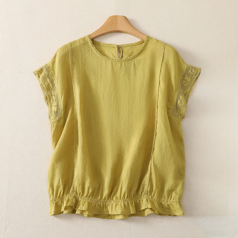 Buddha Stones Sommerliches, lässiges, schlichtes Kurzarm-T-Shirt aus einfarbigem Ramie-Gewebe für Damen mit Kordelzug und elastischem Saum - Blassgoldenrode - US12, UK/AU16, EU44 (3XL) - image 9