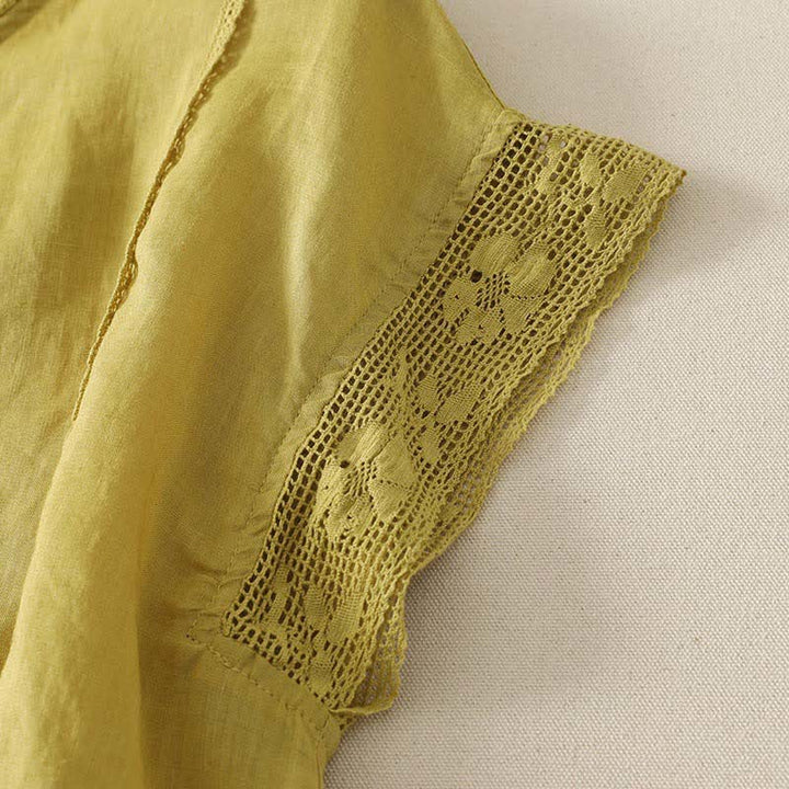 Buddha Stones Sommerliches, lässiges, schlichtes Kurzarm-T-Shirt aus einfarbigem Ramie-Gewebe für Damen mit Kordelzug und elastischem Saum - image 11