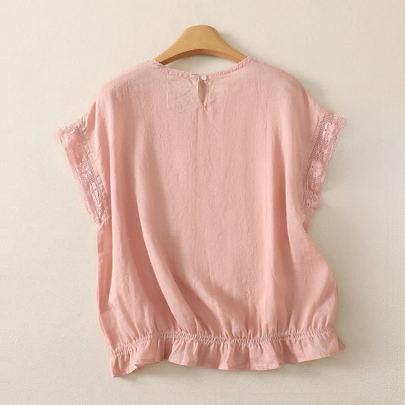 Buddha Stones Sommerliches, lässiges, schlichtes Kurzarm-T-Shirt aus einfarbigem Ramie-Gewebe für Damen mit Kordelzug und elastischem Saum - image 1