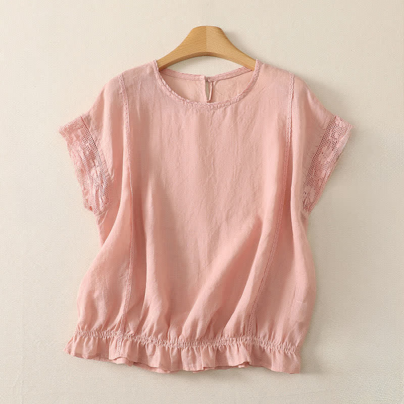 Buddha Stones Sommerliches, lässiges, schlichtes Kurzarm-T-Shirt aus einfarbigem Ramie-Gewebe für Damen mit Kordelzug und elastischem Saum - Hellrosa - US12, UK/AU16, EU44 (3XL) - image 0