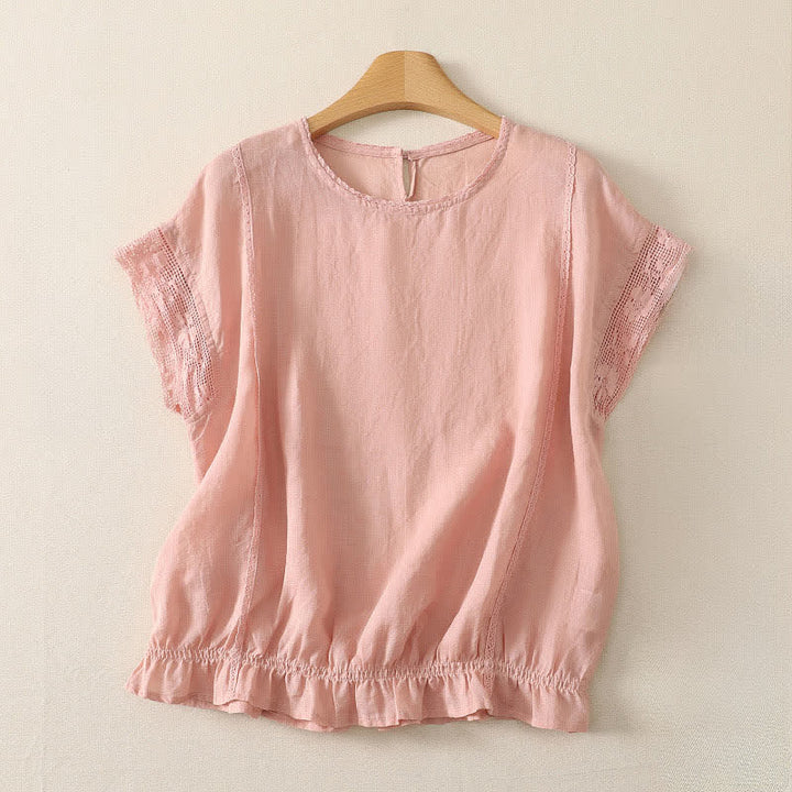 Buddha Stones Sommerliches, lässiges, schlichtes Kurzarm-T-Shirt aus einfarbigem Ramie-Gewebe für Damen mit Kordelzug und elastischem Saum - Hellrosa - US12, UK/AU16, EU44 (3XL) - image 0