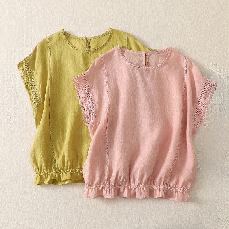 Buddha Stones Sommerliches, lässiges, schlichtes Kurzarm-T-Shirt aus einfarbigem Ramie-Gewebe für Damen mit Kordelzug und elastischem Saum - image 13