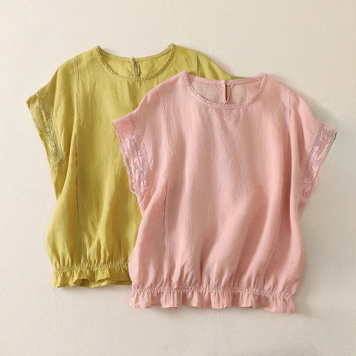 Buddha Stones Sommerliches, lässiges, schlichtes Kurzarm-T-Shirt aus einfarbigem Ramie-Gewebe für Damen mit Kordelzug und elastischem Saum - image 13