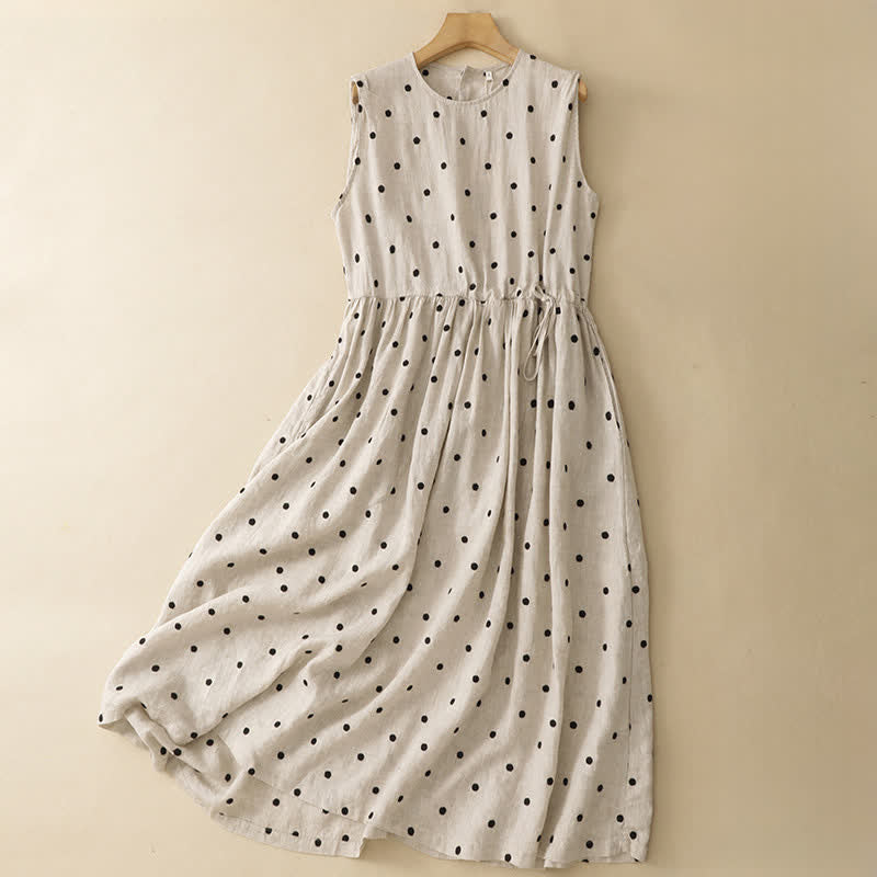 Buddha Stones Lässiges, ärmelloses Sommerkleid im Vintage-Stil mit Kordelzug, Polka-Dots und Rundhalsausschnitt, mit Tasche und Tasche. - Weiß - US8-10, UK/AU12-14, EU40-42 (2XL) - image 0