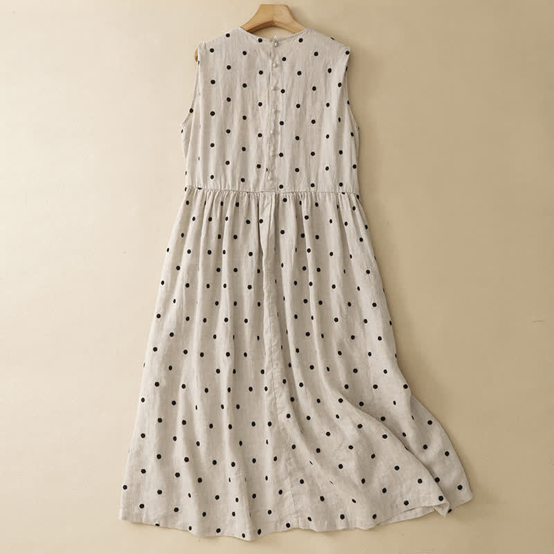 Buddha Stones Lässiges, ärmelloses Sommerkleid im Vintage-Stil mit Kordelzug, Polka-Dots und Rundhalsausschnitt, mit Tasche und Tasche. - image 1