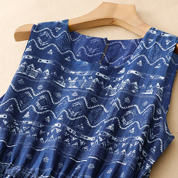 Buddha Stones Sommerliches, lässiges Boho-Kleid in Blau mit wellenförmigem, geometrischem Muster, ärmellos und mit Tasche - image 3